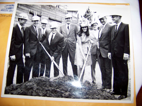 Historical photo of a ground-breaking, with Don Garrity in the center